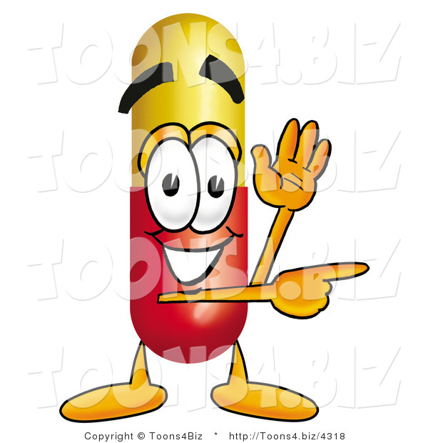 Illustration of a Medical Pill Capsule Mascot Waving and Pointing
