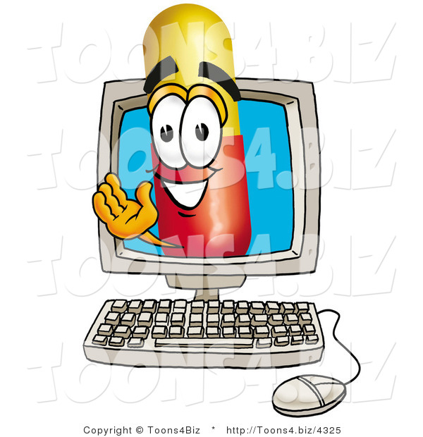 Illustration of a Medical Pill Capsule Mascot Waving from Inside a Computer Screen