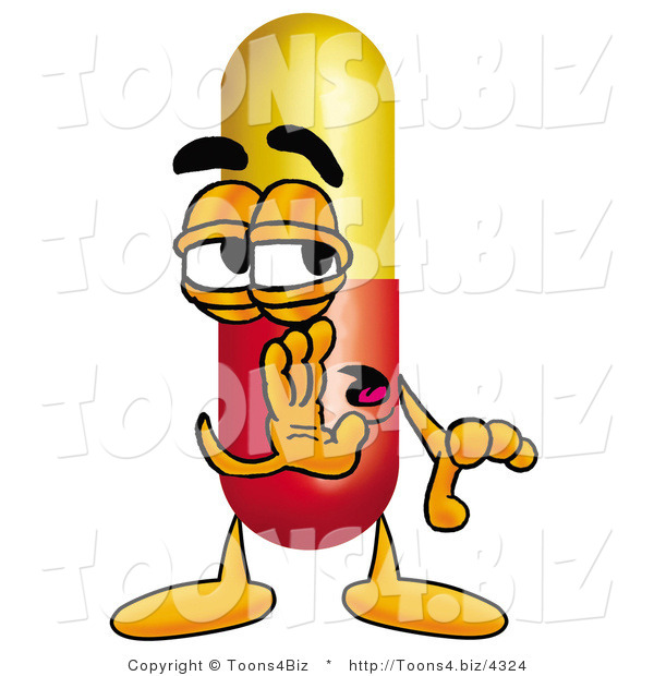 Illustration of a Medical Pill Capsule Mascot Whispering and Gossiping