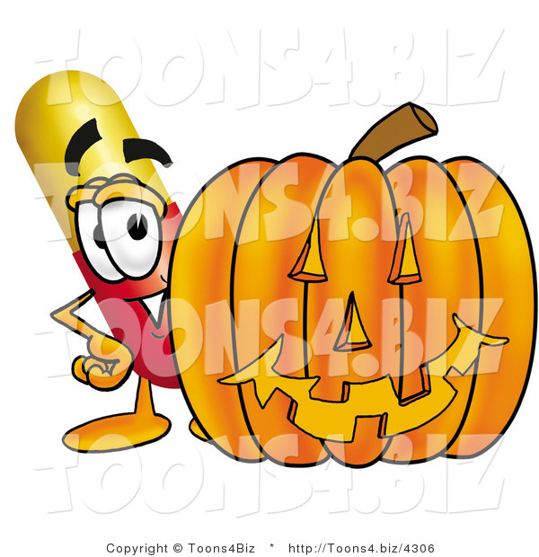 Illustration of a Medical Pill Capsule Mascot with a Carved Halloween Pumpkin