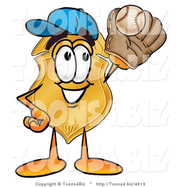 Illustration of a Police Badge Mascot Catching a Baseball with a Glove