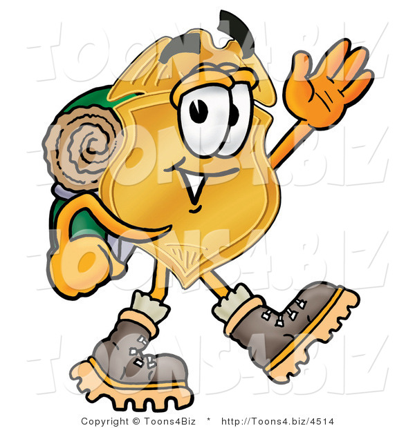 Illustration of a Police Badge Mascot Hiking and Carrying a Backpack