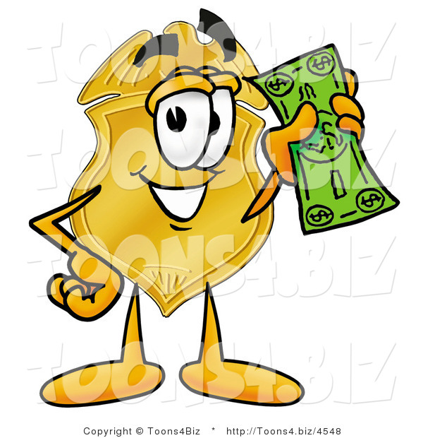 Illustration of a Police Badge Mascot Holding a Dollar Bill