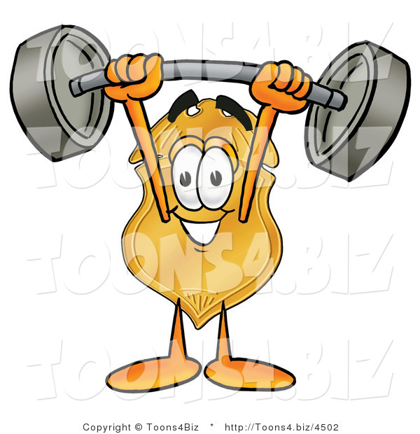 Illustration of a Police Badge Mascot Holding a Heavy Barbell Above His Head