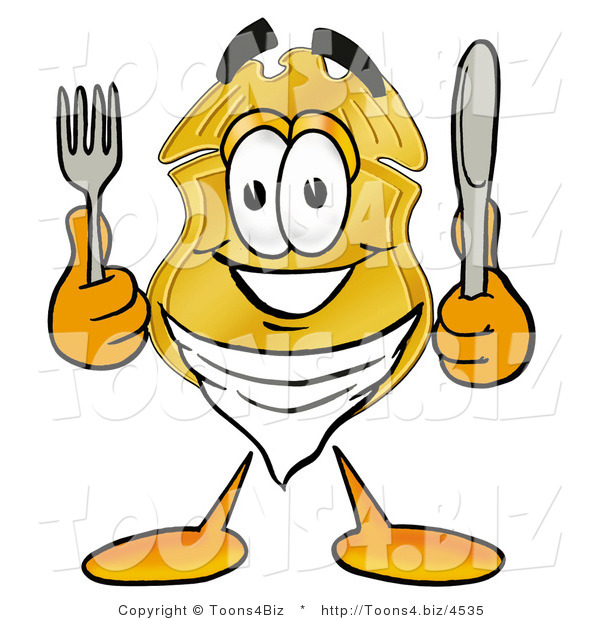 Illustration of a Police Badge Mascot Holding a Knife and Fork