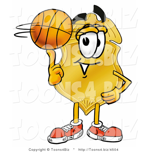 Illustration of a Police Badge Mascot Spinning a Basketball on His Finger