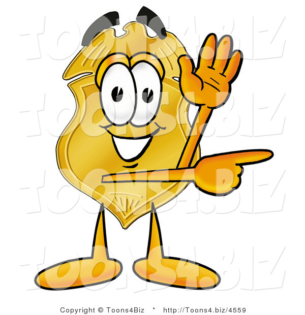 Illustration of a Police Badge Mascot Waving and Pointing