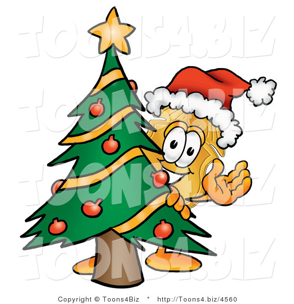 Illustration of a Police Badge Mascot Waving and Standing by a Decorated Christmas Tree