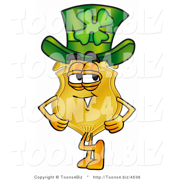 Illustration of a Police Badge Mascot Wearing a Saint Patricks Day Hat with a Clover on It