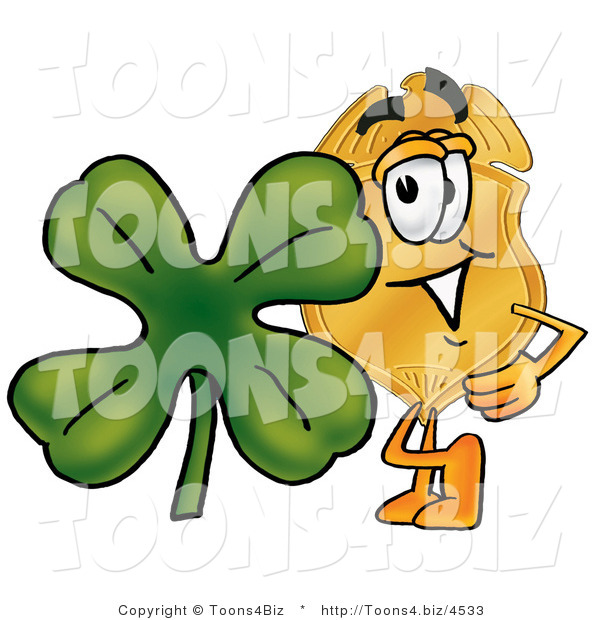 Illustration of a Police Badge Mascot with a Green Four Leaf Clover on St Paddy's or St Patricks Day