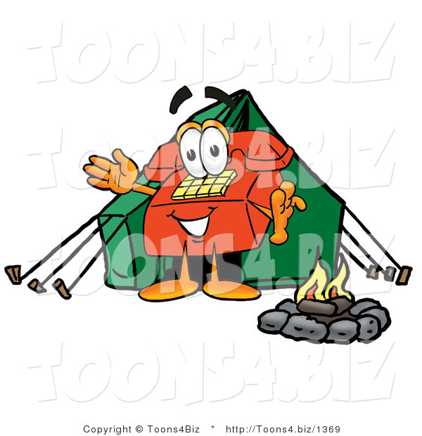 Illustration of a Red Cartoon Telephone Mascot Camping with a Tent and Fire