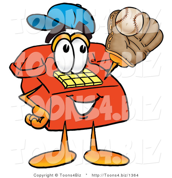 Illustration of a Red Cartoon Telephone Mascot Catching a Baseball with a Glove