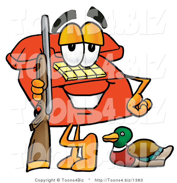 Illustration of a Red Cartoon Telephone Mascot Duck Hunting, Standing with a Rifle and Duck