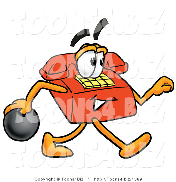 Illustration of a Red Cartoon Telephone Mascot Holding a Bowling Ball