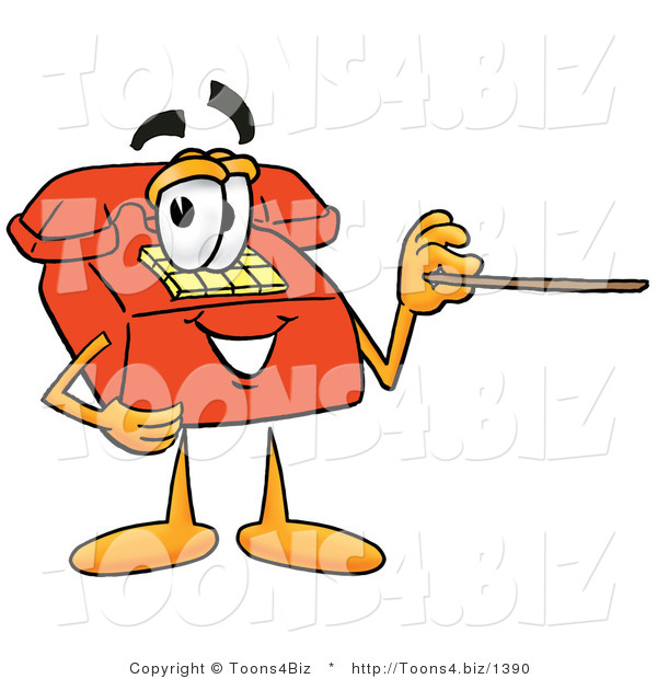Illustration of a Red Cartoon Telephone Mascot Holding a Pointer Stick