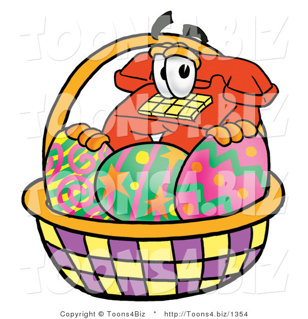 Illustration of a Red Cartoon Telephone Mascot in an Easter Basket Full of Decorated Easter Eggs
