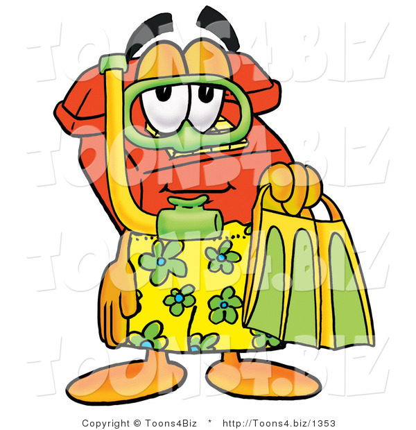 Illustration of a Red Cartoon Telephone Mascot in Green and Yellow Snorkel Gear