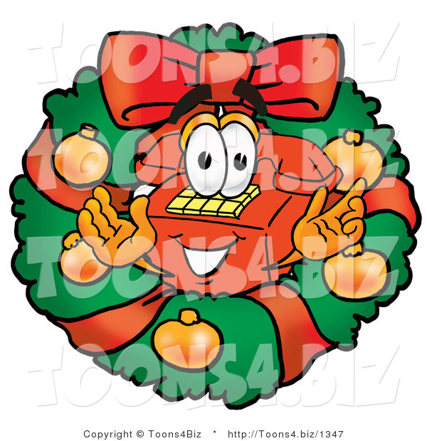 Illustration of a Red Cartoon Telephone Mascot in the Center of a Christmas Wreath