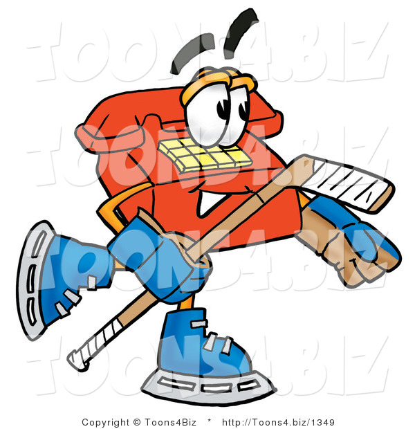 Illustration of a Red Cartoon Telephone Mascot Playing Ice Hockey