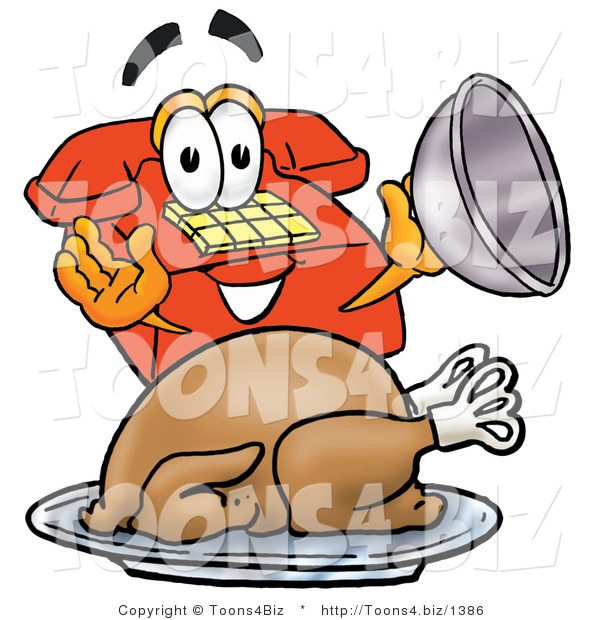Illustration of a Red Cartoon Telephone Mascot Serving a Thanksgiving Turkey on a Platter