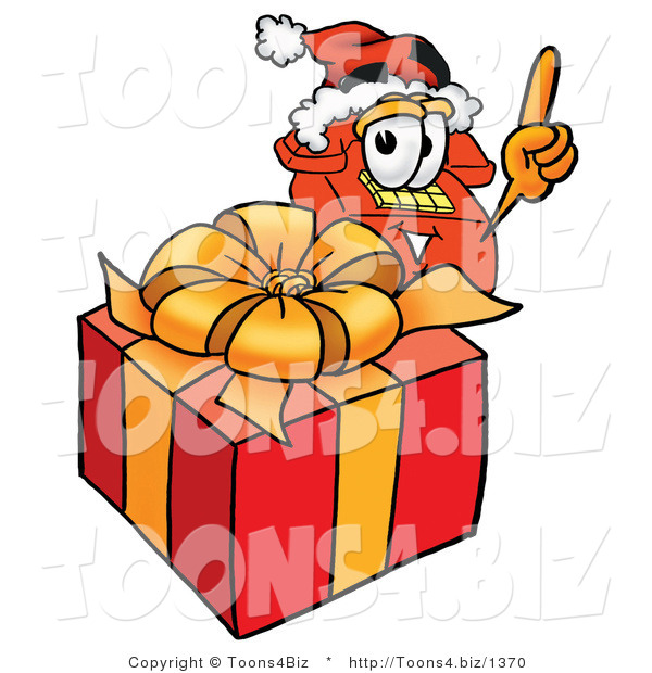 Illustration of a Red Cartoon Telephone Mascot Standing by a Christmas Present