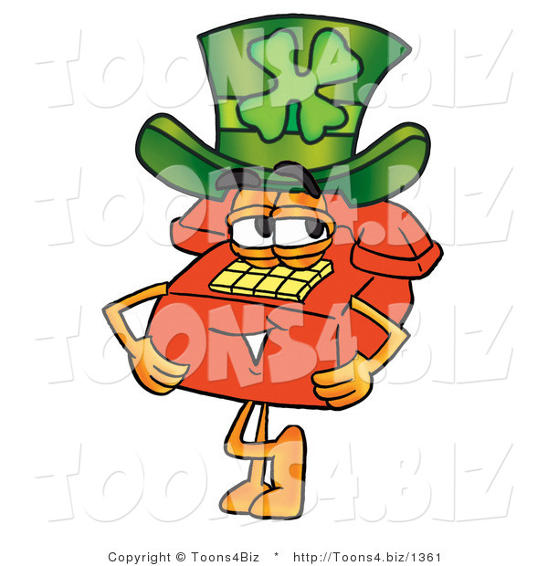 Illustration of a Red Cartoon Telephone Mascot Wearing a Saint Patricks Day Hat with a Clover on It