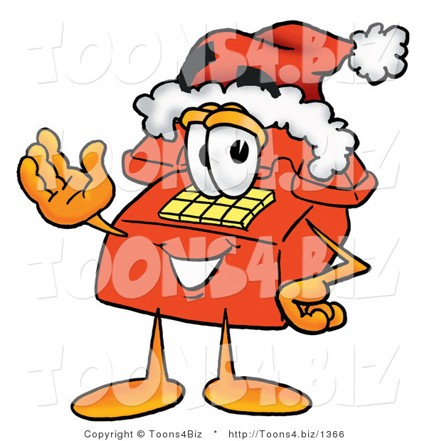 Illustration of a Red Cartoon Telephone Mascot Wearing a Santa Hat and Waving