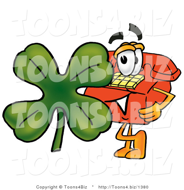 Illustration of a Red Cartoon Telephone Mascot with a Green Four Leaf Clover on St Paddy's or St Patricks Day