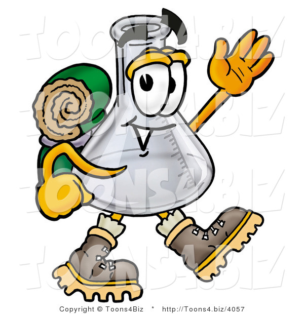 Illustration of a Science Beaker Mascot Hiking and Carrying a Backpack