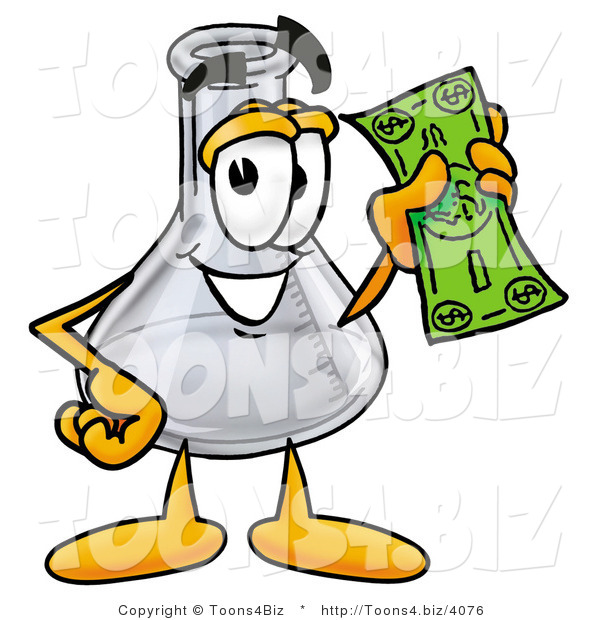 Illustration of a Science Beaker Mascot Holding a Dollar Bill
