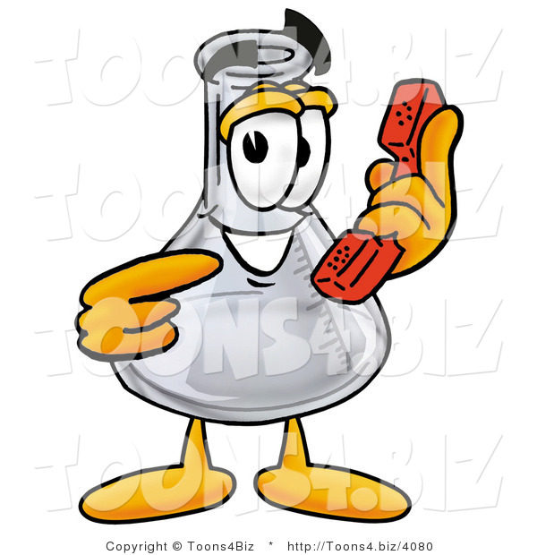 Illustration of a Science Beaker Mascot Holding a Telephone