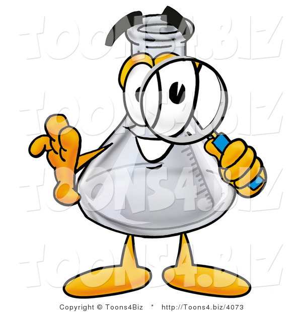 Illustration of a Science Beaker Mascot Looking Through a Magnifying Glass