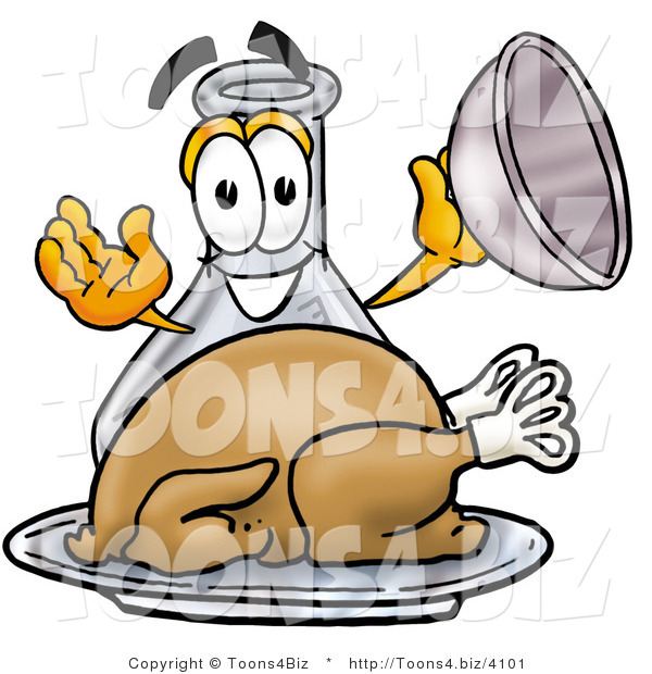 Illustration of a Science Beaker Mascot Serving a Thanksgiving Turkey on a Platter