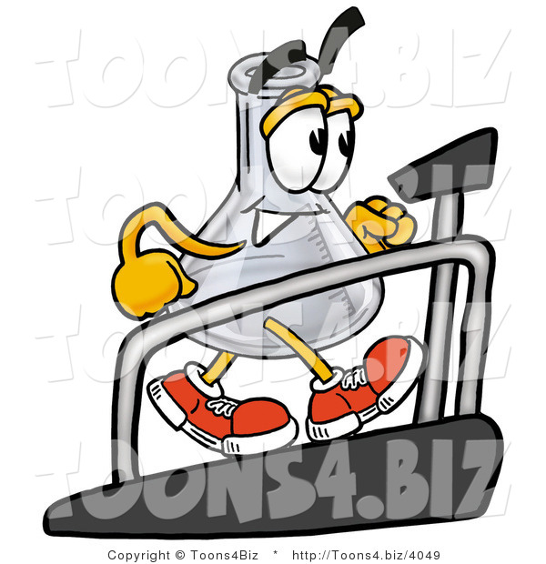 Illustration of a Science Beaker Mascot Walking on a Treadmill in a Fitness Gym