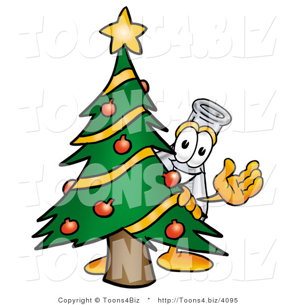 Illustration of a Science Beaker Mascot Waving and Standing by a Decorated Christmas Tree