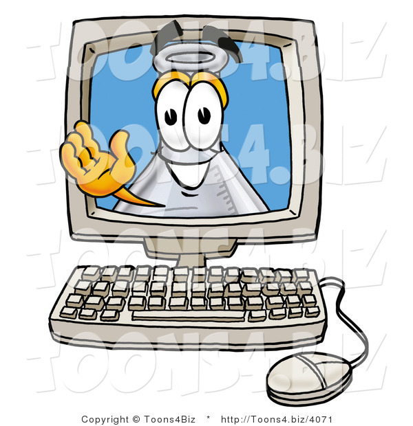 Illustration of a Science Beaker Mascot Waving from Inside a Computer Screen