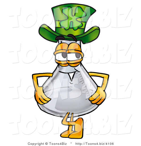 Illustration of a Science Beaker Mascot Wearing a Saint Patricks Day Hat with a Clover on It
