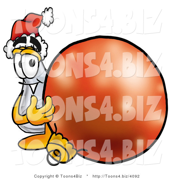 Illustration of a Science Beaker Mascot Wearing a Santa Hat, Standing with a Christmas Bauble