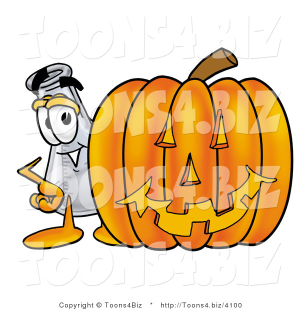Illustration of a Science Beaker Mascot with a Carved Halloween Pumpkin