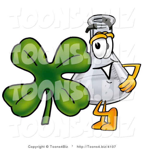 Illustration of a Science Beaker Mascot with a Green Four Leaf Clover on St Paddy's or St Patricks Day