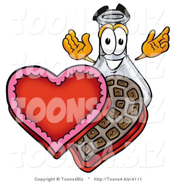 Illustration of a Science Beaker Mascot with an Open Box of Valentines Day Chocolate Candies
