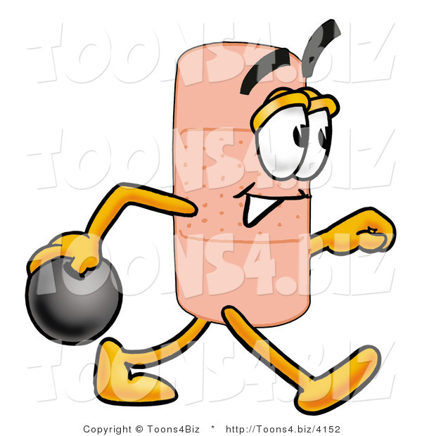 Illustration of an Adhesive Bandage Mascot Holding a Bowling Ball