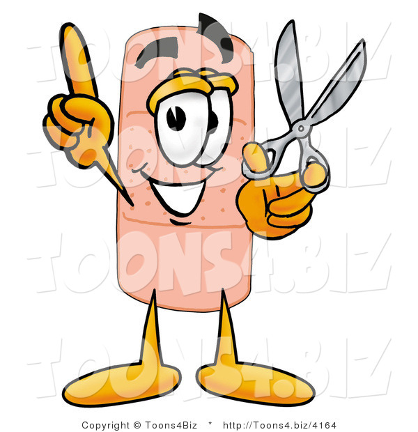 Illustration of an Adhesive Bandage Mascot Holding a Pair of Scissors