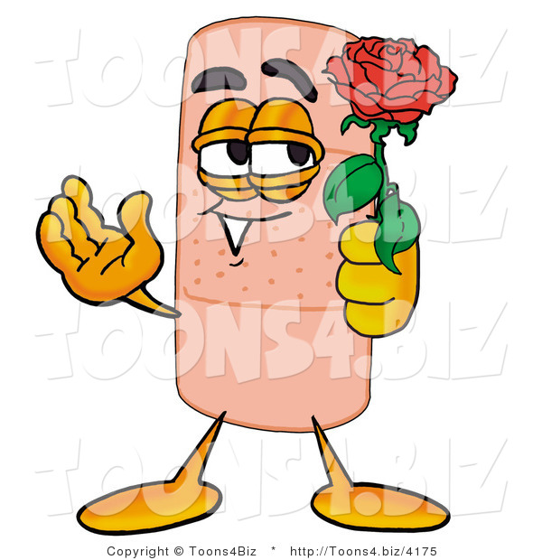 Illustration of an Adhesive Bandage Mascot Holding a Red Rose on Valentines Day