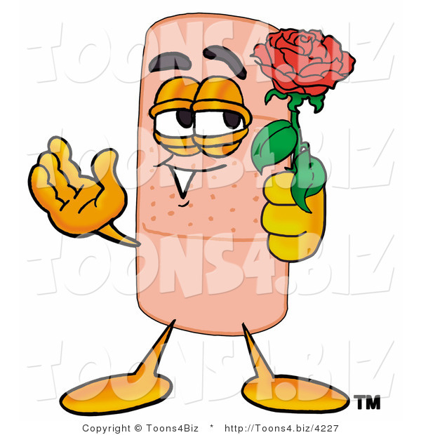 Illustration of an Adhesive Bandage Mascot Holding a Red Rose on Valentines Day