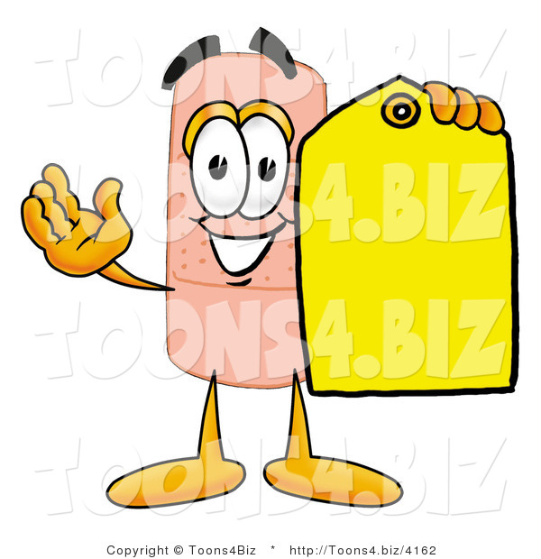 Illustration of an Adhesive Bandage Mascot Holding a Yellow Sales Price Tag