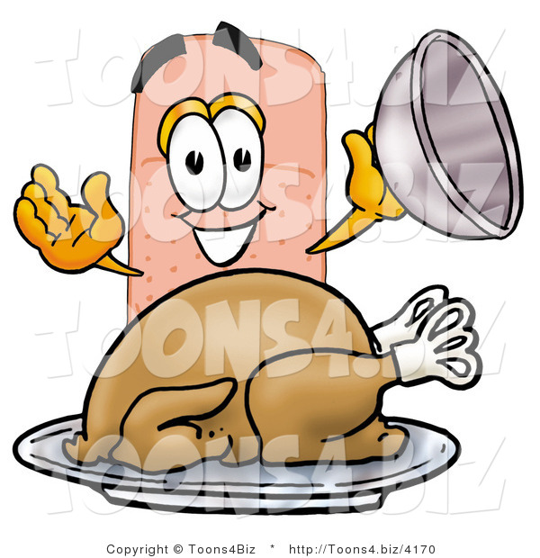 Illustration of an Adhesive Bandage Mascot Serving a Thanksgiving Turkey on a Platter