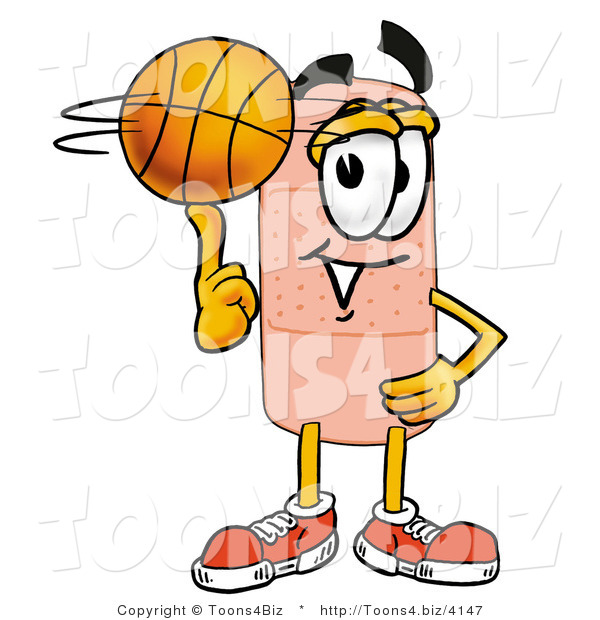 Illustration of an Adhesive Bandage Mascot Spinning a Basketball on His Finger