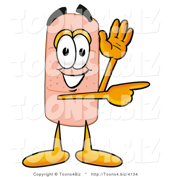Illustration of an Adhesive Bandage Mascot Waving and Pointing
