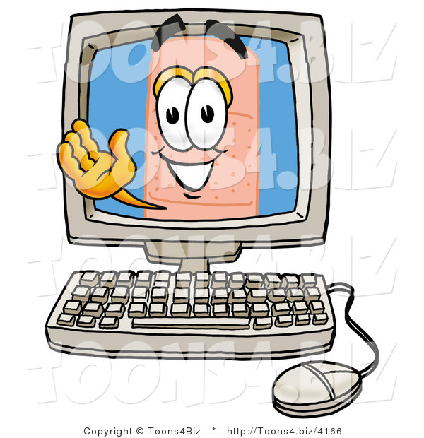 Illustration of an Adhesive Bandage Mascot Waving from Inside a Computer Screen